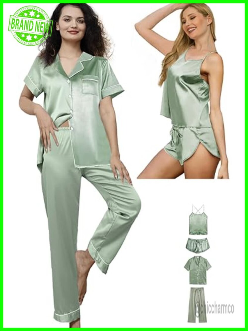 5pc Satin Pajama Set Lingerie Sleepwear Silky Pjs Set Camisole Shorts Lounge